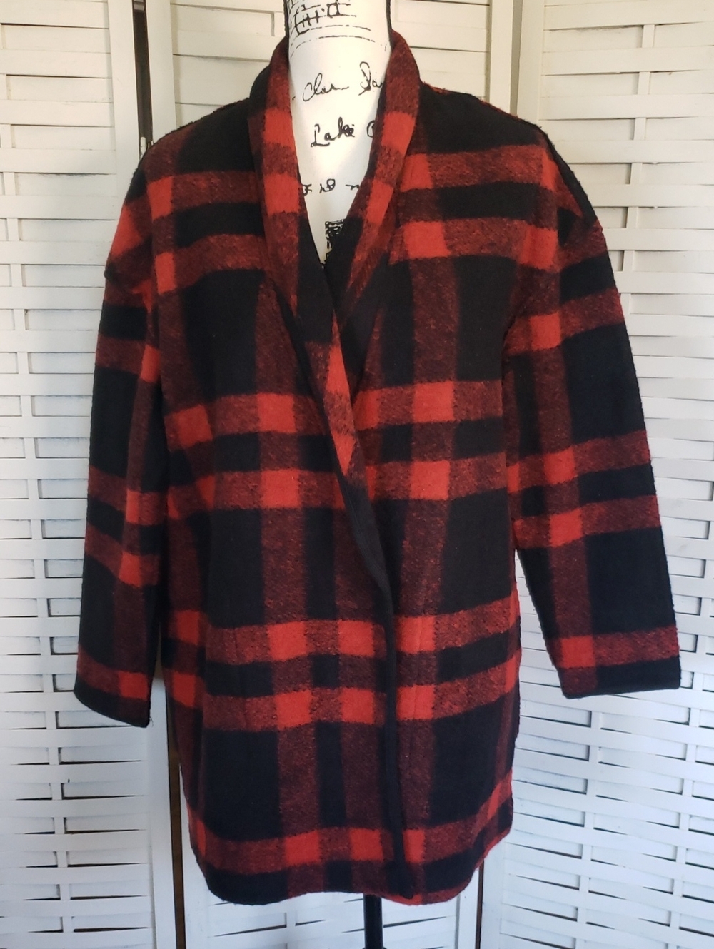 Aspen Red & Black Plaid Women's Shawl Collar Sweater Coat Size S Oversized